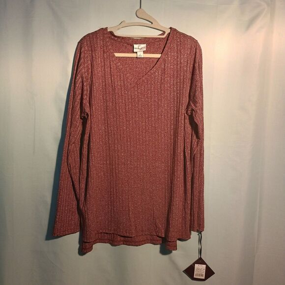 AVENUE Women’s Plus Size Long Sleeve Ribbed V-Neck Top Red Maroon L NWT - Picture 1 of 4